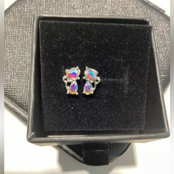 - 😺Petite Tiny Sterling Silver (925) Iridescent Diamond Cat Earrings💎 - Picture 11 of 16